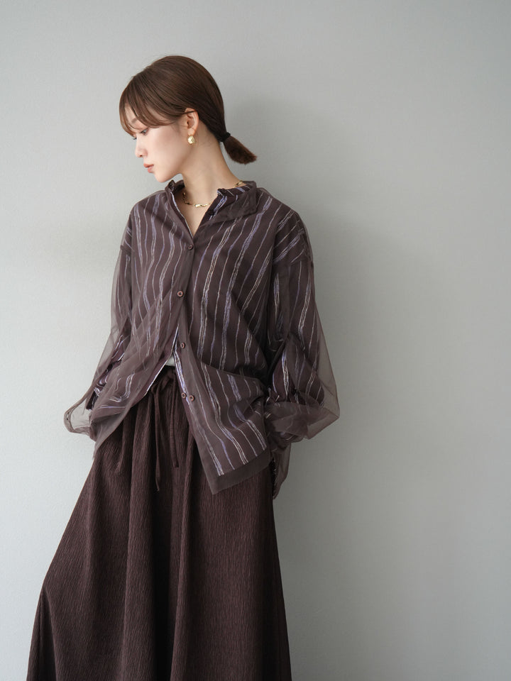 [予約]ペンタッチストライプ2WAYスリーブバンドカラーシャツ/ブラウン