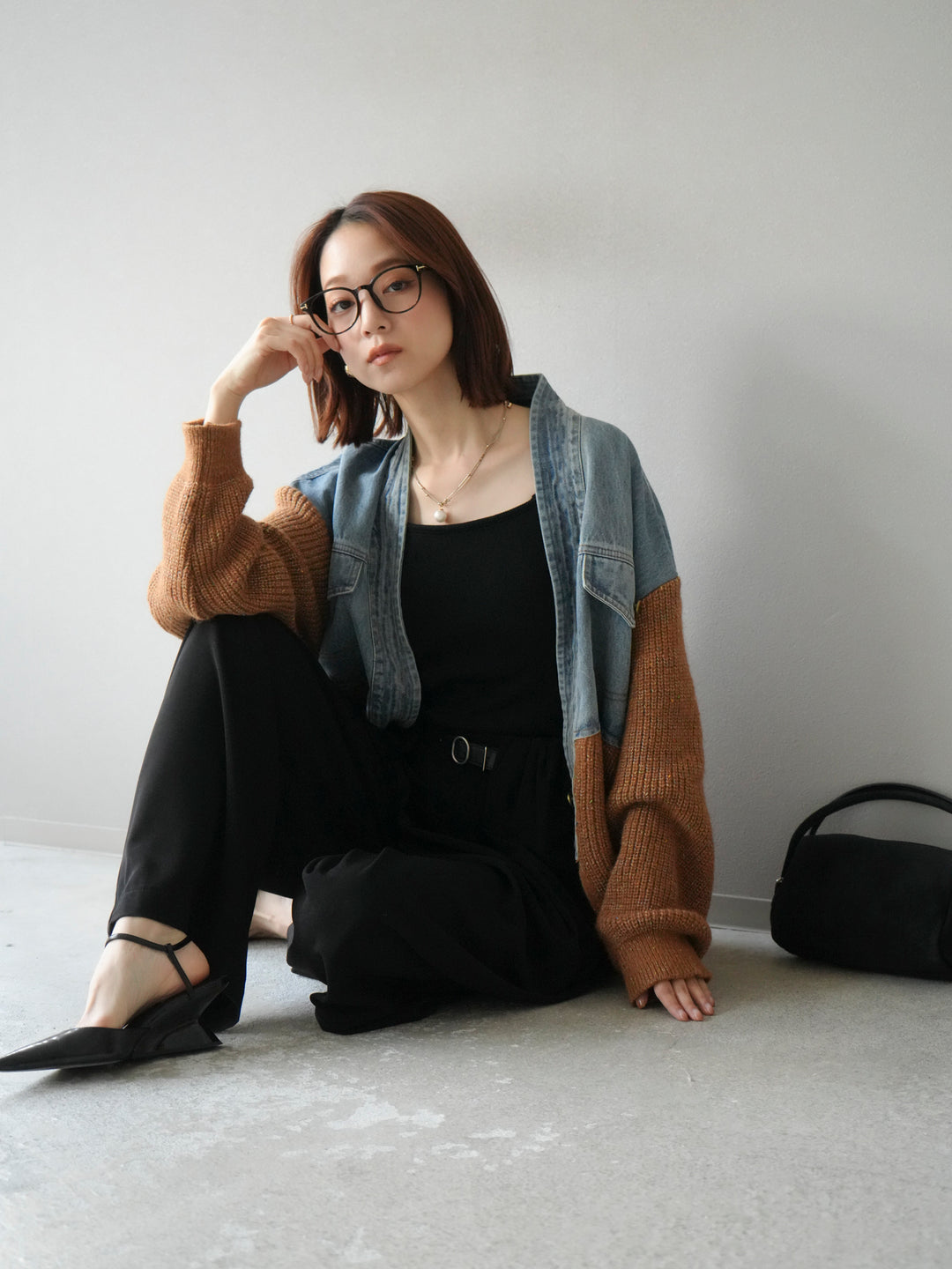 【SET】牛仔邊飾針織開襟衫+皮帶束腰寬褲（2件組）