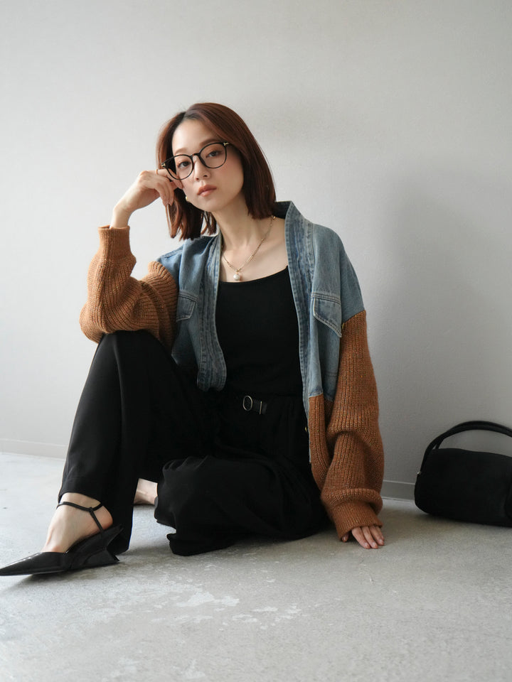 【SET】牛仔邊飾針織開襟衫+皮帶束腰寬褲（2件組）