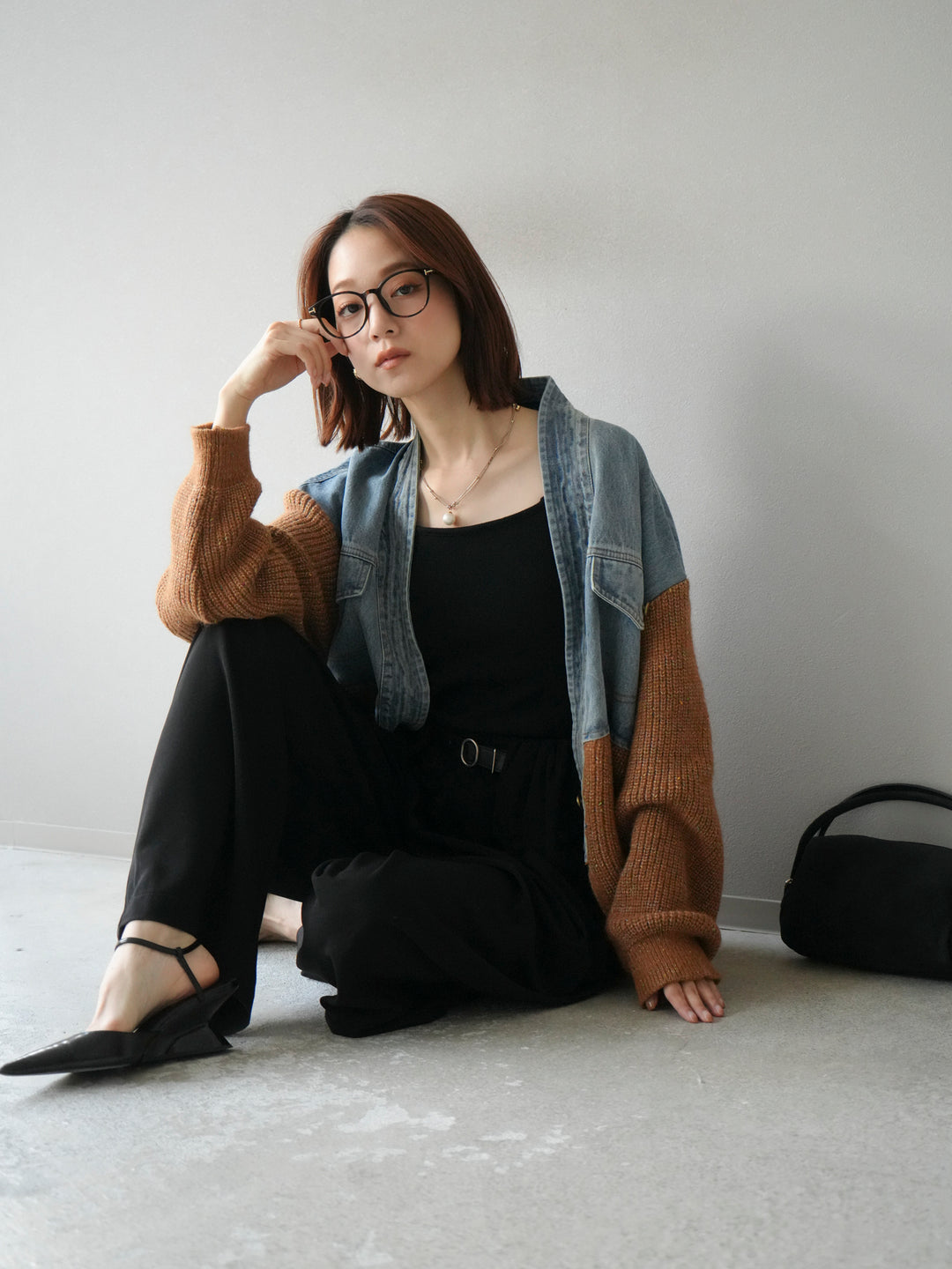 【SET】牛仔邊飾針織開襟衫+皮帶束腰寬褲（2件組）