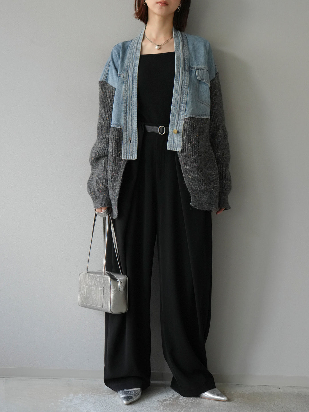 【SET】牛仔邊飾針織開襟衫+皮帶束腰寬褲（2件組）