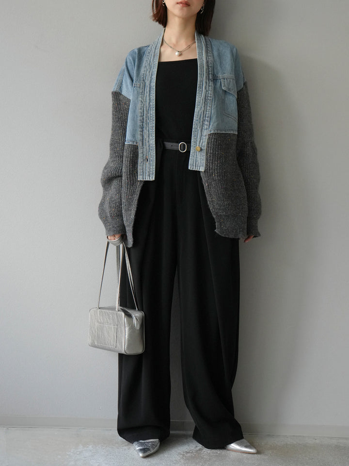 【SET】牛仔邊飾針織開襟衫+皮帶束腰寬褲（2件組）