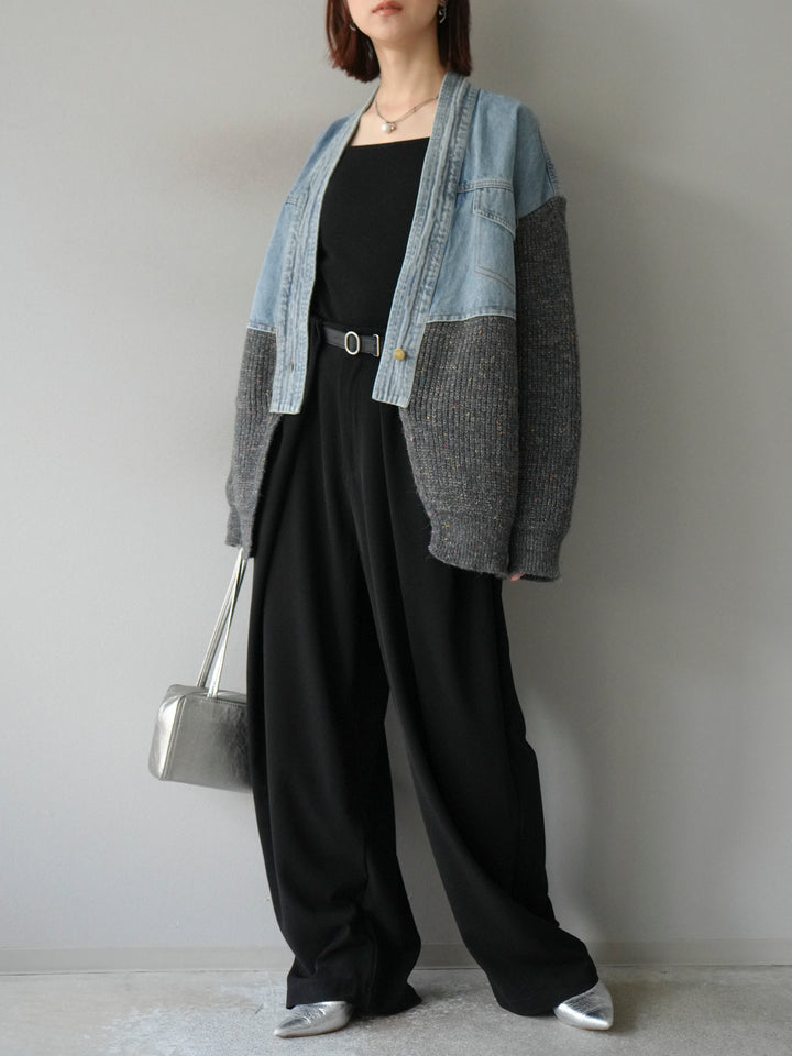【SET】牛仔邊飾針織開襟衫+皮帶束腰寬褲（2件組）