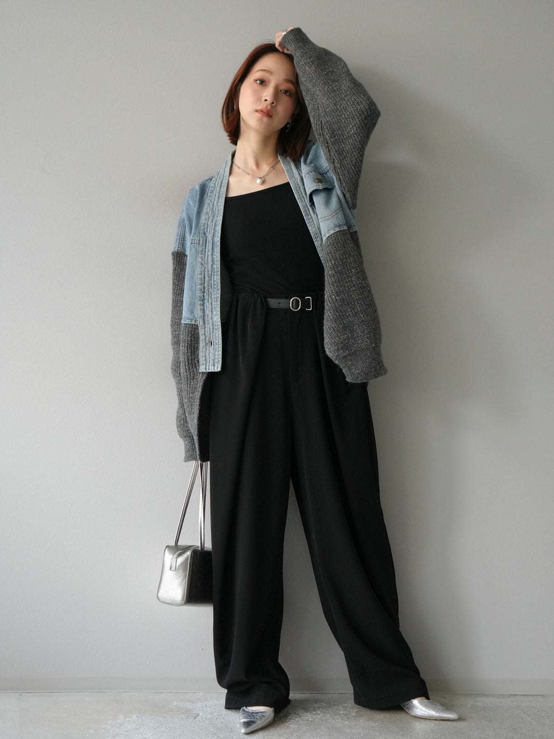【SET】牛仔邊飾針織開襟衫+皮帶束腰寬褲（2件組）