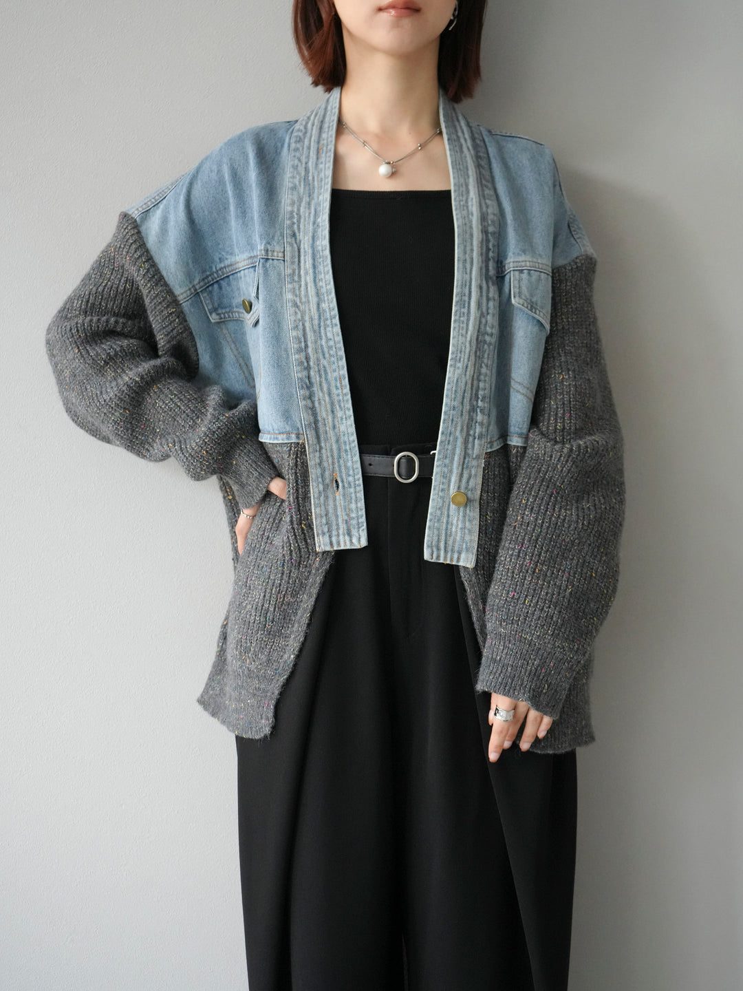 【SET】牛仔邊飾針織開襟衫+皮帶束腰寬褲（2件組）