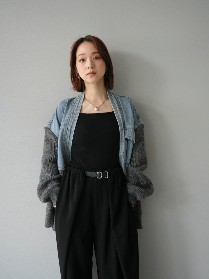 【SET】牛仔邊飾針織開襟衫+皮帶束腰寬褲（2件組）