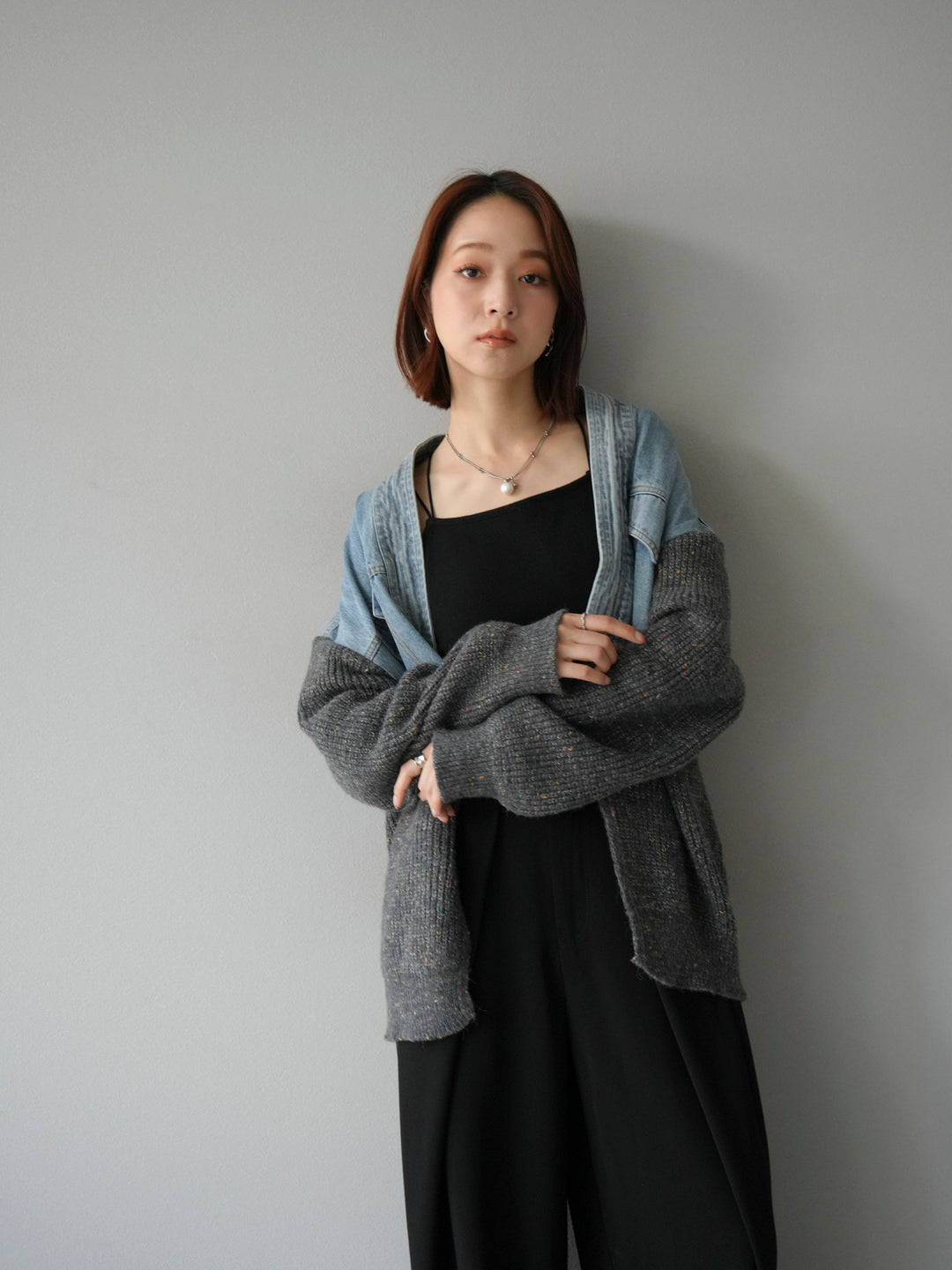 【SET】牛仔邊飾針織開襟衫+皮帶束腰寬褲（2件組）