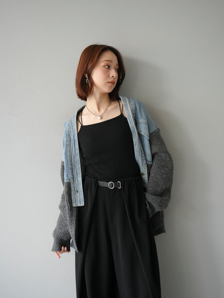 【SET】牛仔邊飾針織開襟衫+皮帶束腰寬褲（2件組）