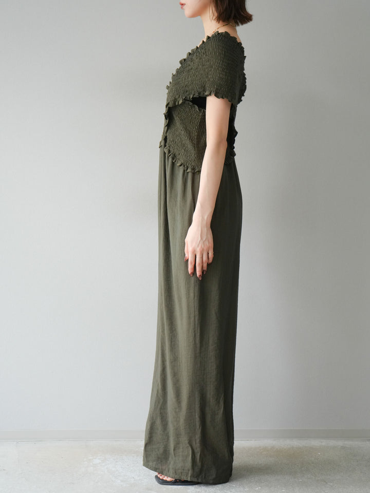 [予約]シャーリングクロスサロペット/カーキ