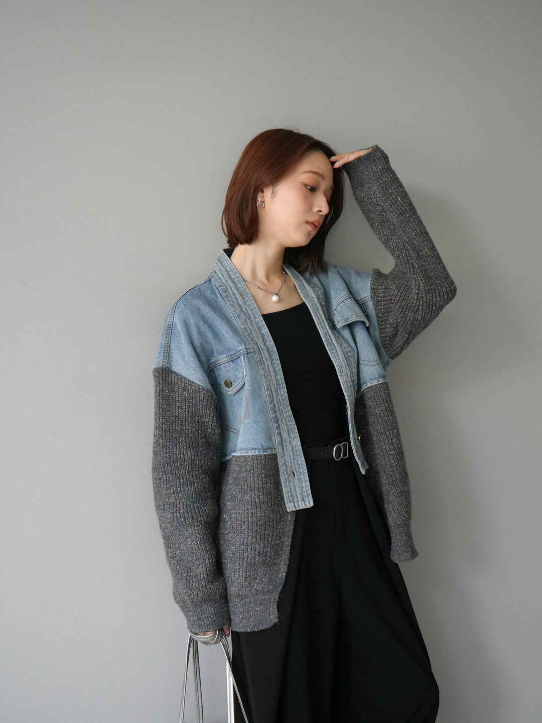 【SET】牛仔邊飾針織開襟衫+皮帶束腰寬褲（2件組）