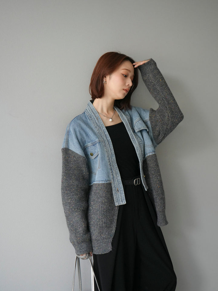 【SET】牛仔邊飾針織開襟衫+皮帶束腰寬褲（2件組）