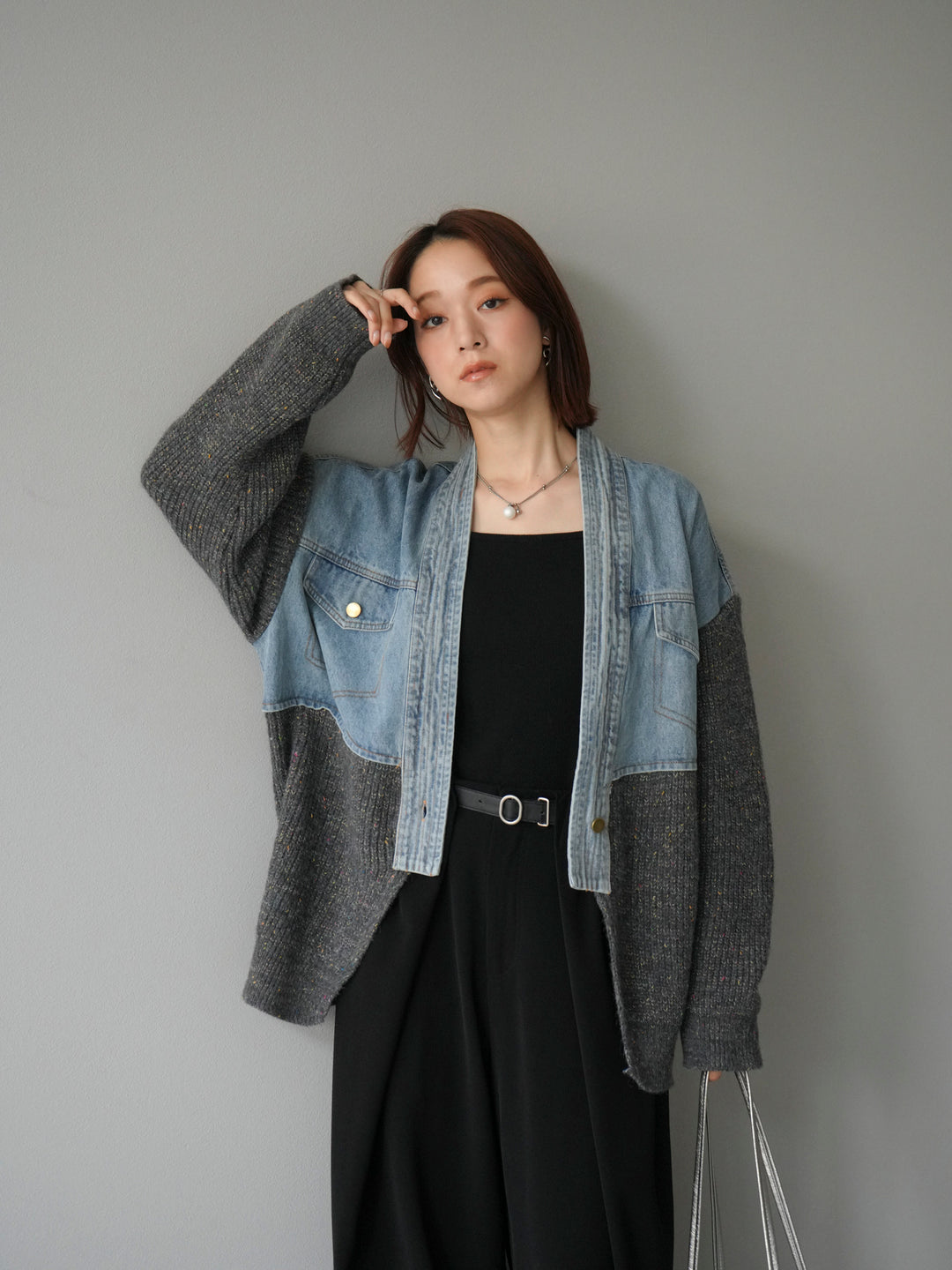 【SET】牛仔邊飾針織開襟衫+皮帶束腰寬褲（2件組）