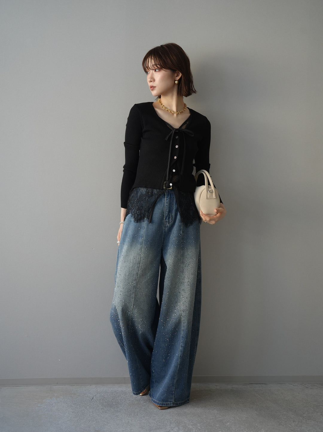 [予約]フロントリボン裾レースリブニットトップス/black