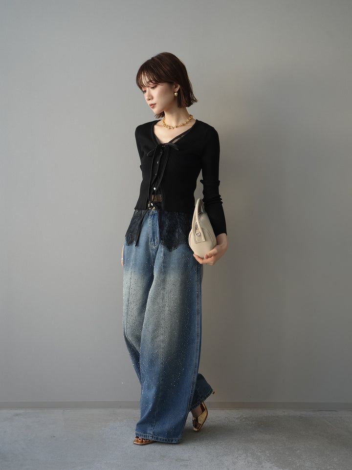 [SET]フロントリボン裾レースリブニットトップス+フロントビジューカーブデニムパンツ(2set)