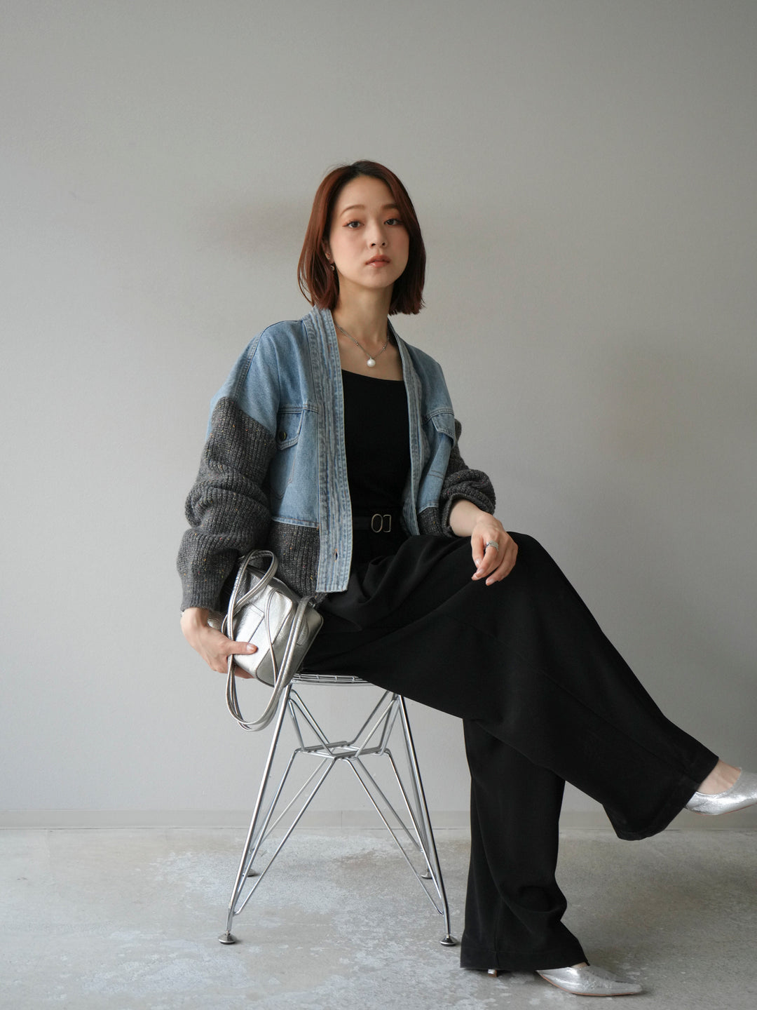 【SET】牛仔邊飾針織開襟衫+皮帶束腰寬褲（2件組）