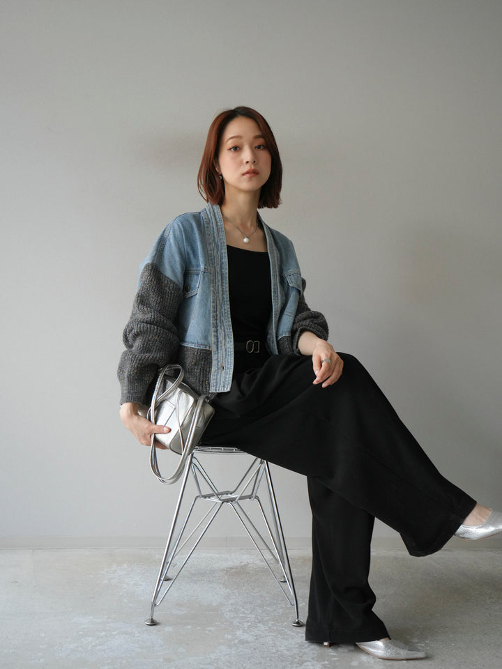 【SET】牛仔邊飾針織開襟衫+皮帶束腰寬褲（2件組）