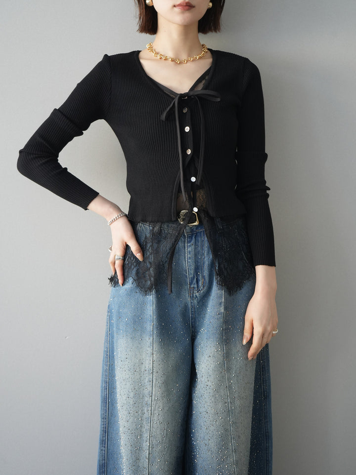 [予約]フロントリボン裾レースリブニットトップス/black