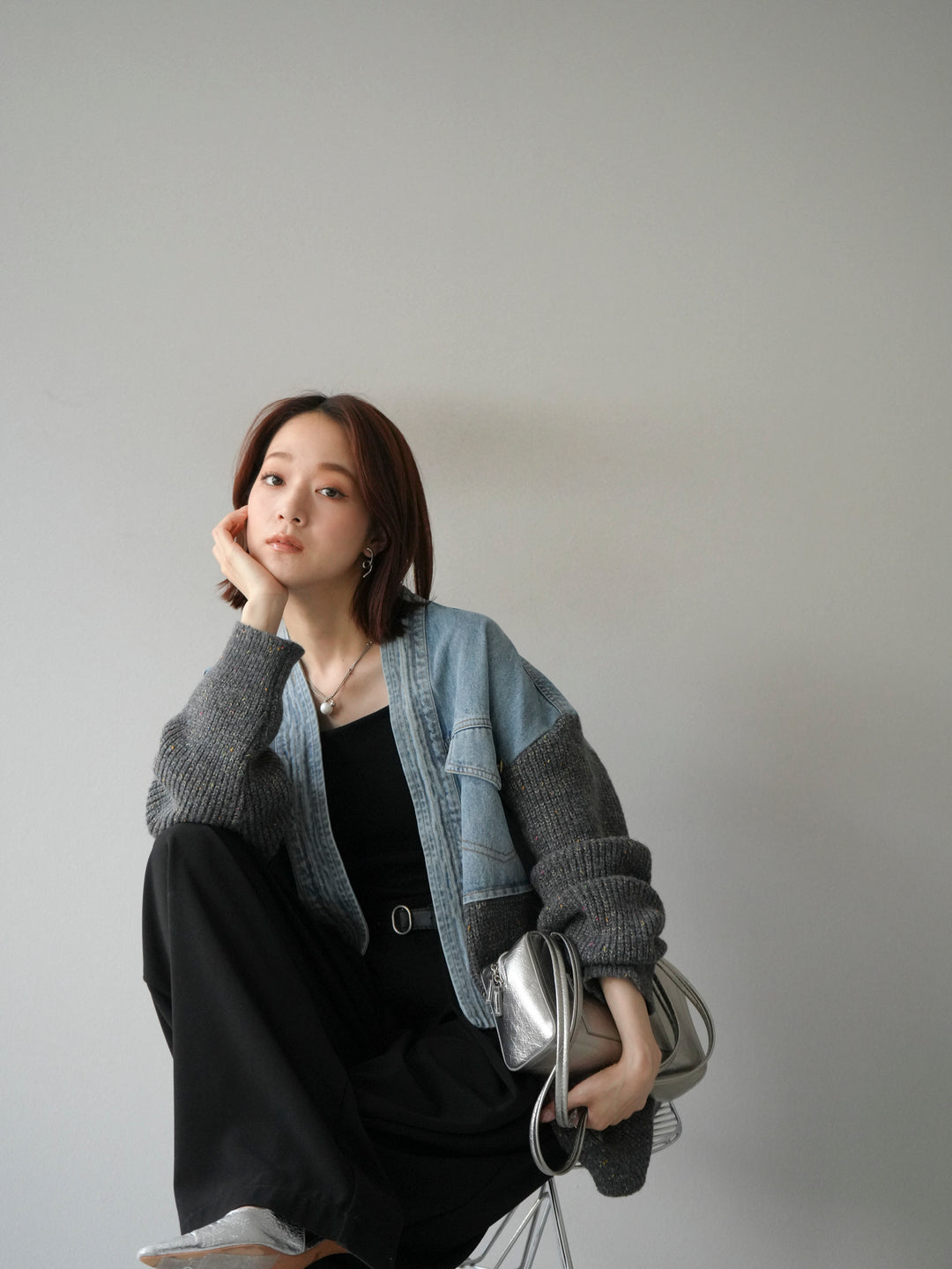 【SET】牛仔邊飾針織開襟衫+皮帶束腰寬褲（2件組）