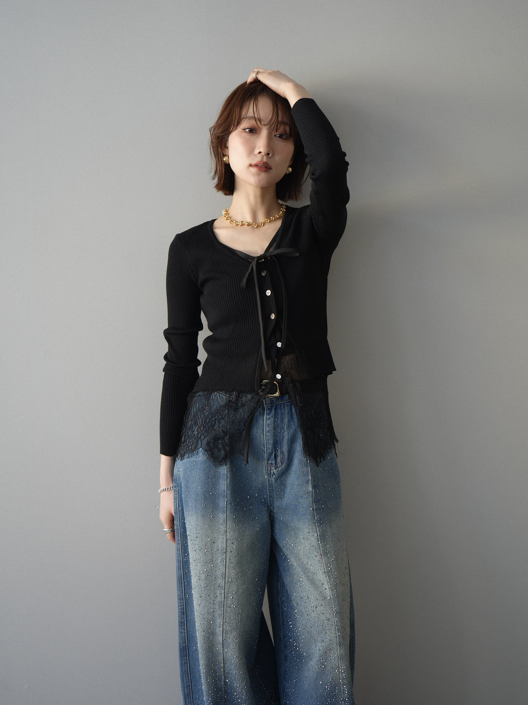 [予約]フロントリボン裾レースリブニットトップス/black