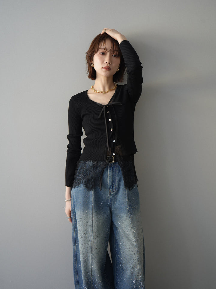 [予約]フロントリボン裾レースリブニットトップス/black