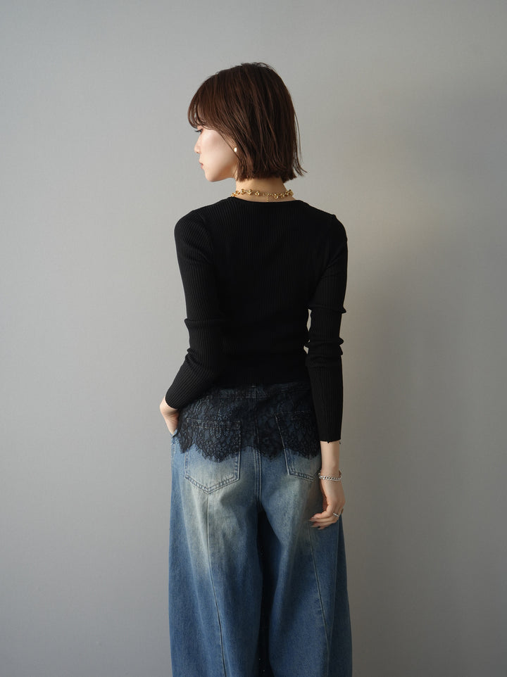 [予約]フロントリボン裾レースリブニットトップス/black