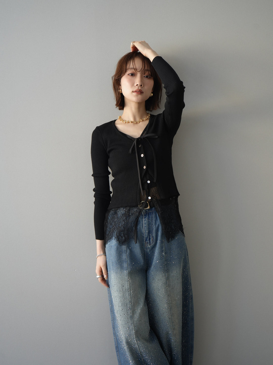 [予約]フロントリボン裾レースリブニットトップス/black