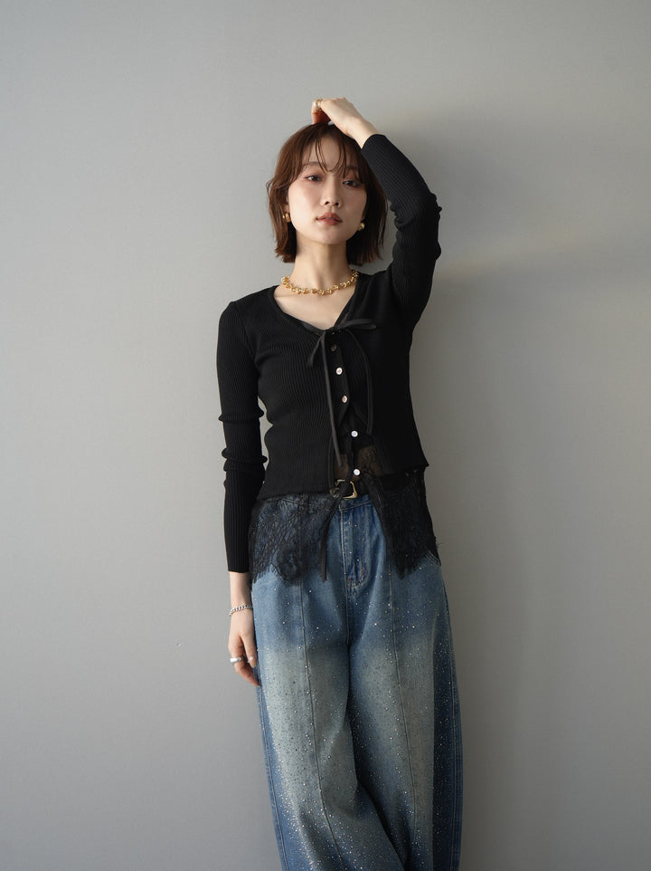 [予約]フロントリボン裾レースリブニットトップス/black