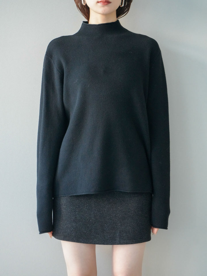 [予約]ボトルネック裾カールリブニットトップス/black