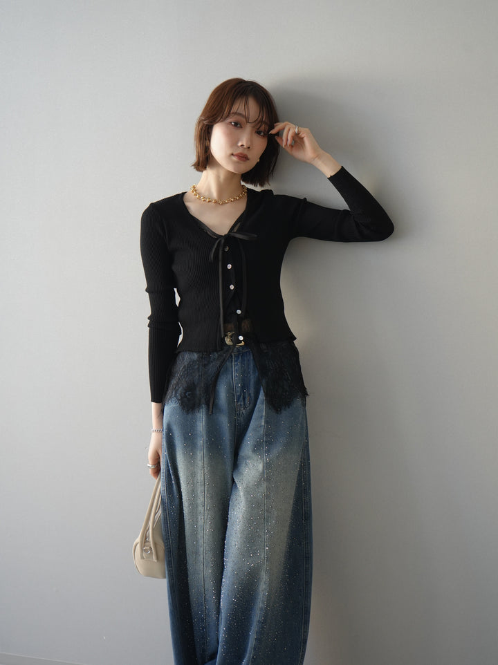 [SET]フロントリボン裾レースリブニットトップス+選べるアクセセット(2set)