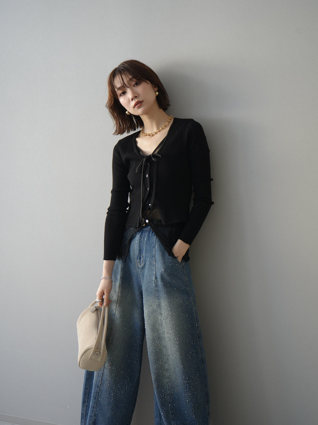 [予約]フロントリボン裾レースリブニットトップス/black