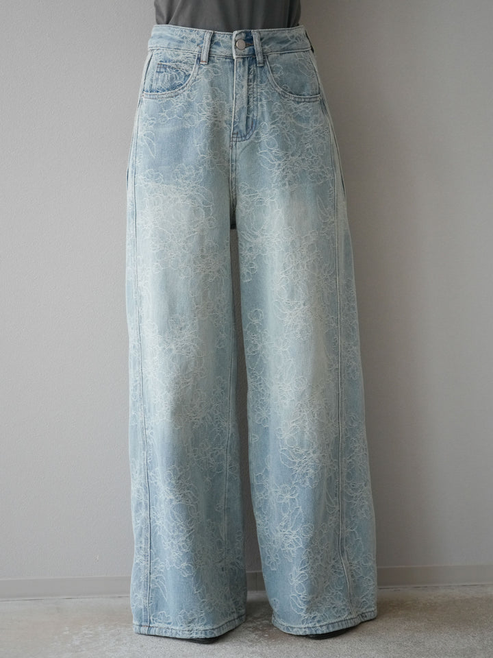 【預購】花提花牛仔寬褲/藍