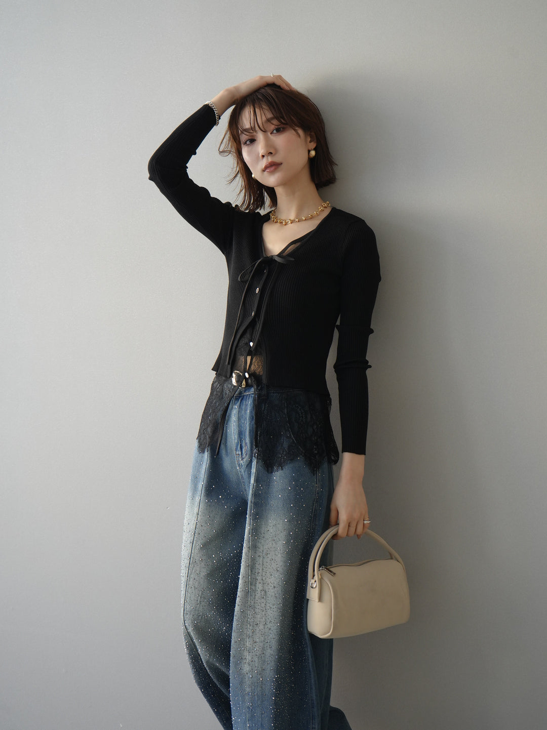 [予約]フロントリボン裾レースリブニットトップス/black