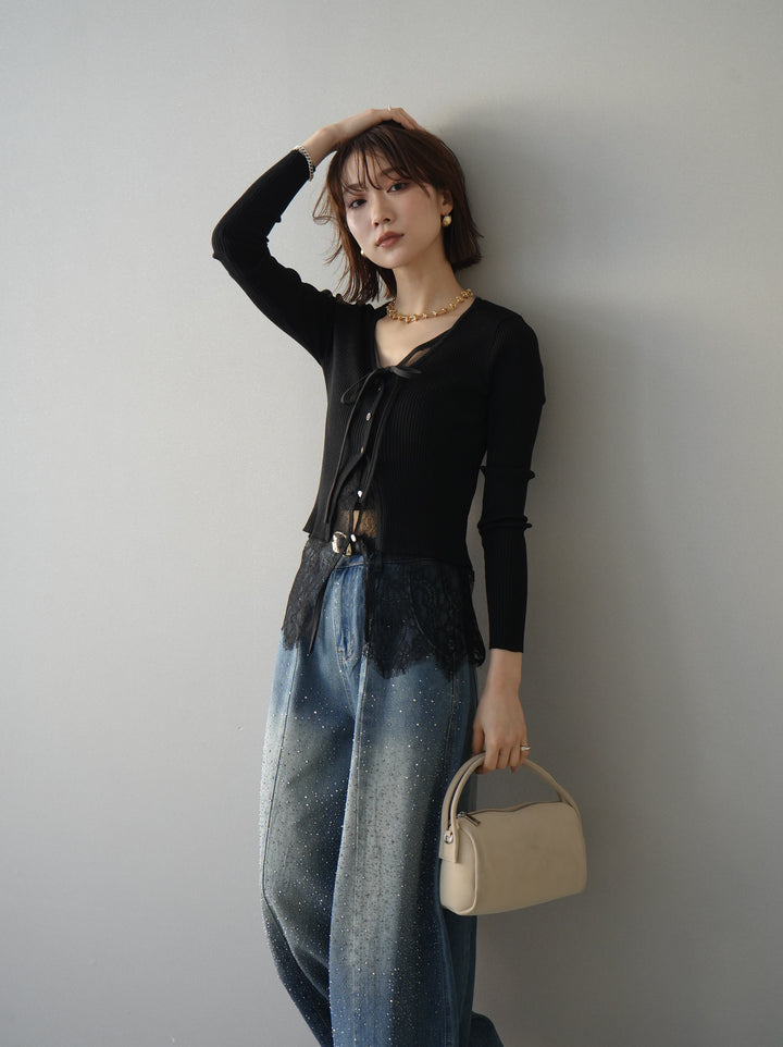 [予約]フロントリボン裾レースリブニットトップス/black