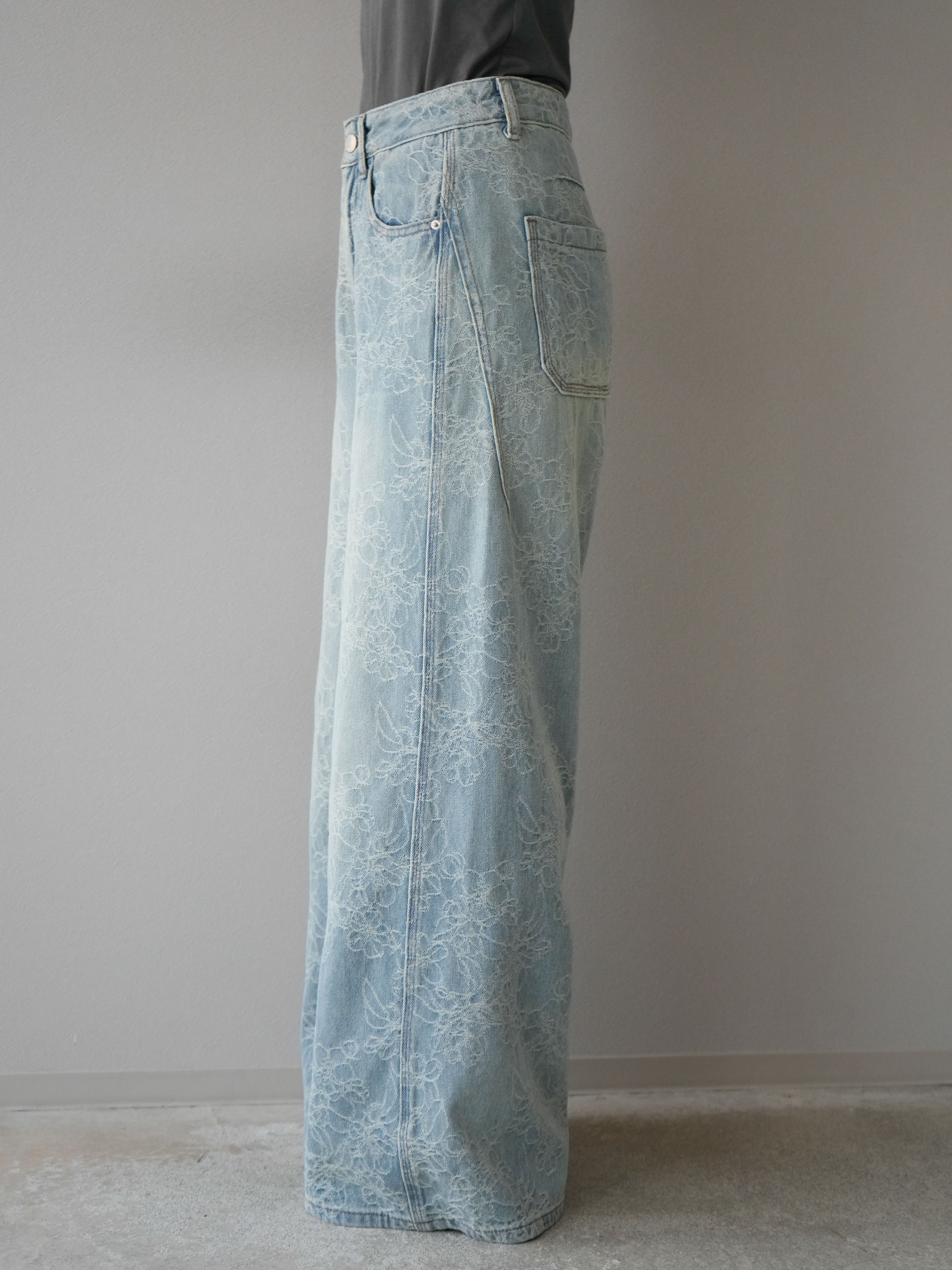 予約]フラワージャガードデニムワイドパンツ/ブルー – Lumier