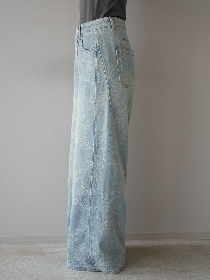 【預購】花提花牛仔寬褲/藍