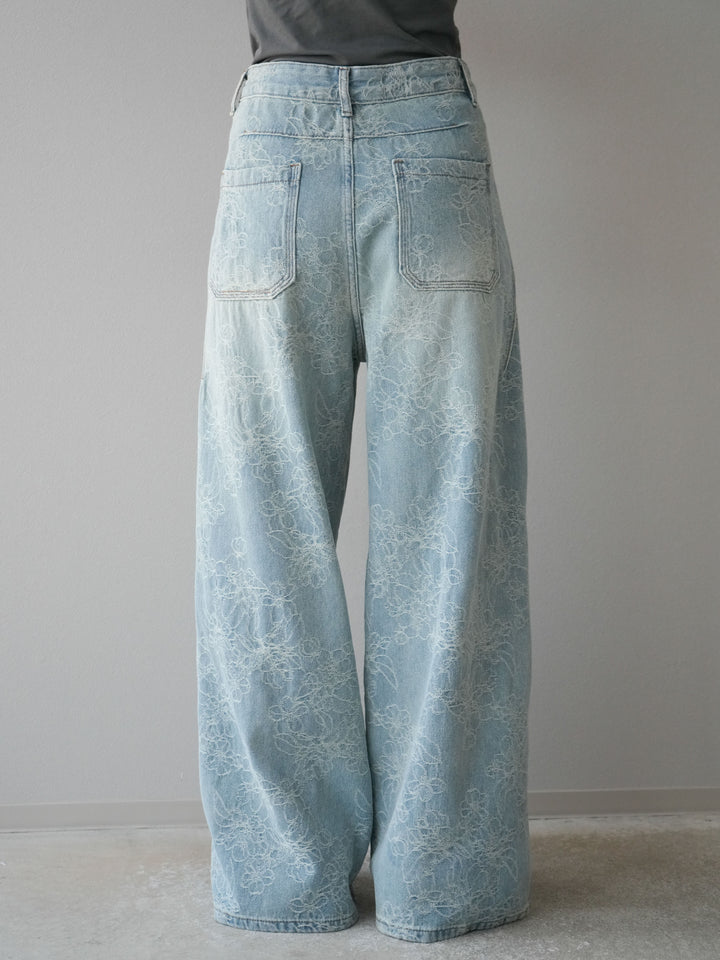 【預購】花提花牛仔寬褲/藍