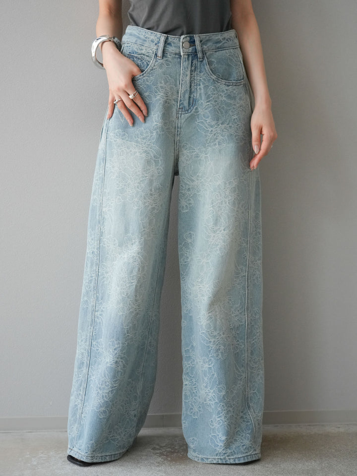 【預購】花提花牛仔寬褲/藍