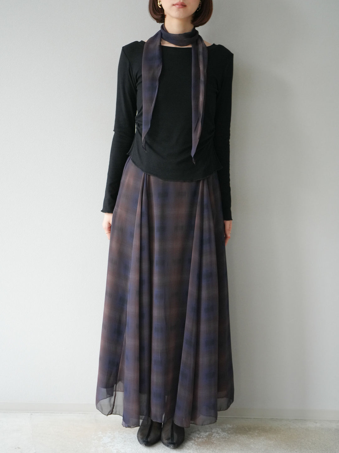 [予約]カットソー付シアーチェックフレアタックスカート/ブラック