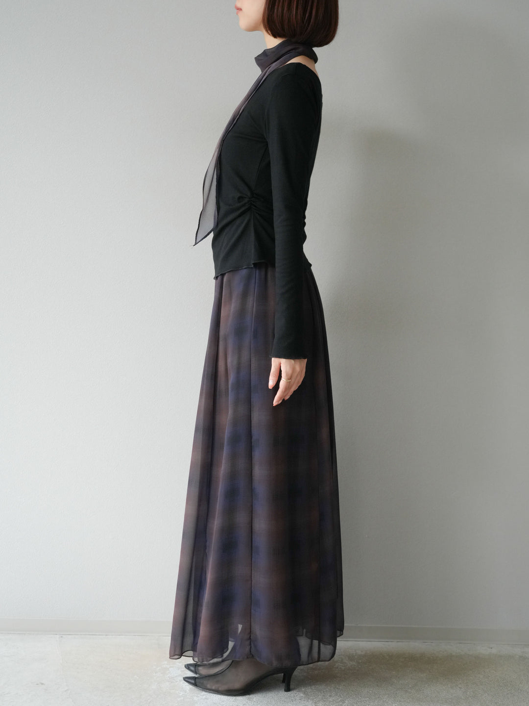 [予約]カットソー付シアーチェックフレアタックスカート/ブラック