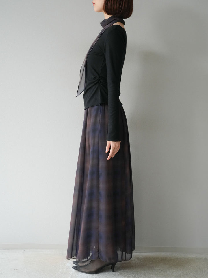 [予約]カットソー付シアーチェックフレアタックスカート/ブラック