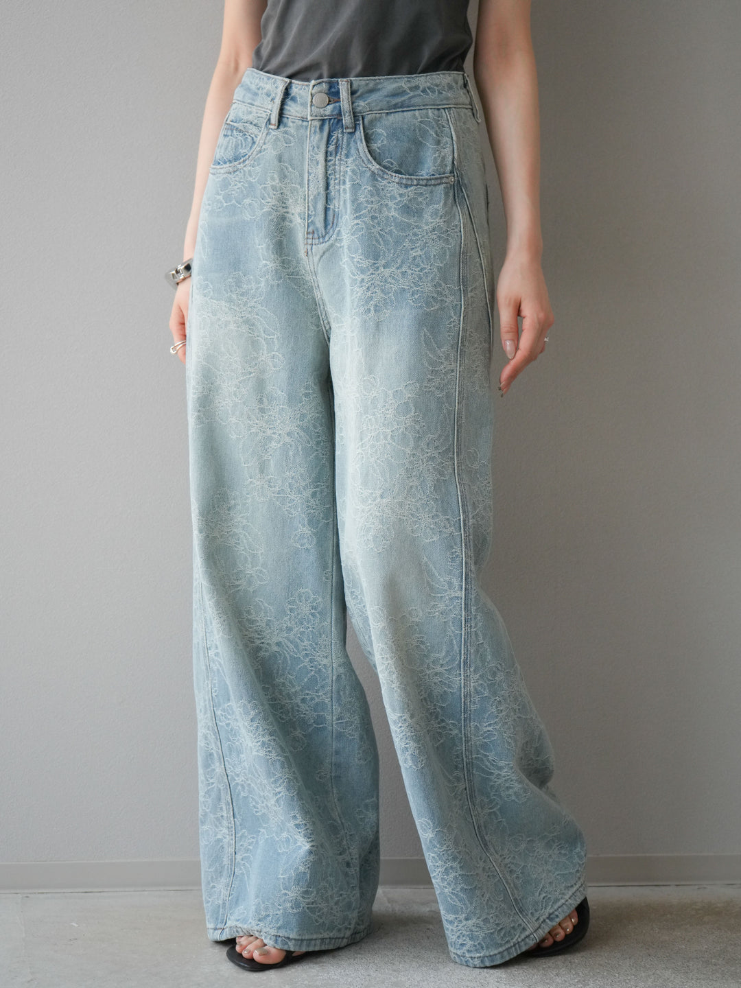 【預購】花提花牛仔寬褲/藍