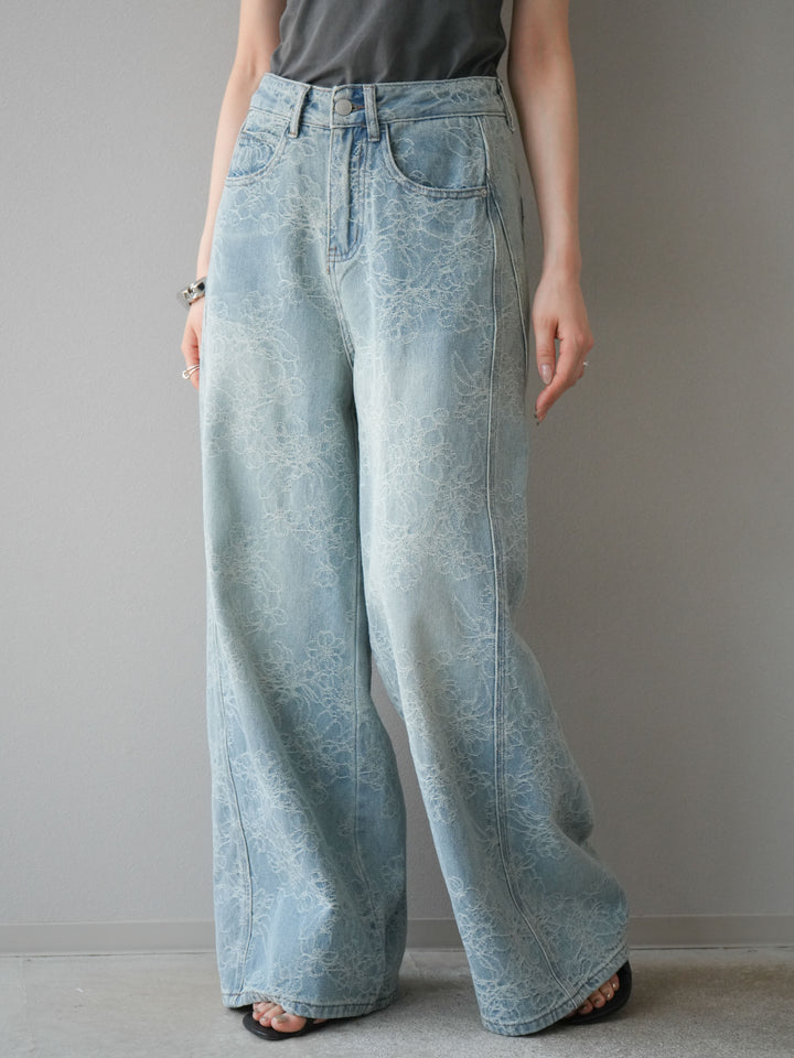 【預購】花提花牛仔寬褲/藍
