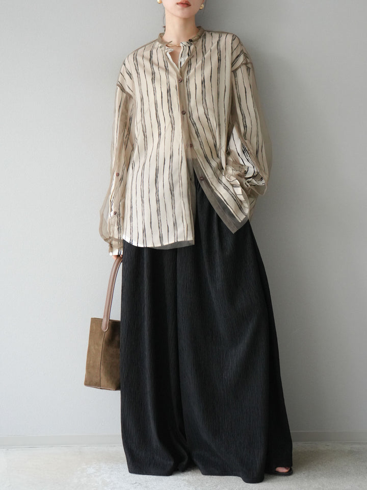 [予約]ペンタッチストライプ2WAYスリーブバンドカラーシャツ/アイボリー