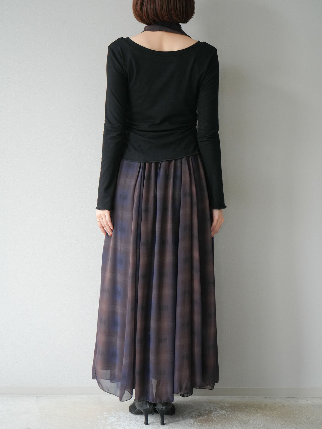 [予約]カットソー付シアーチェックフレアタックスカート/ブラック