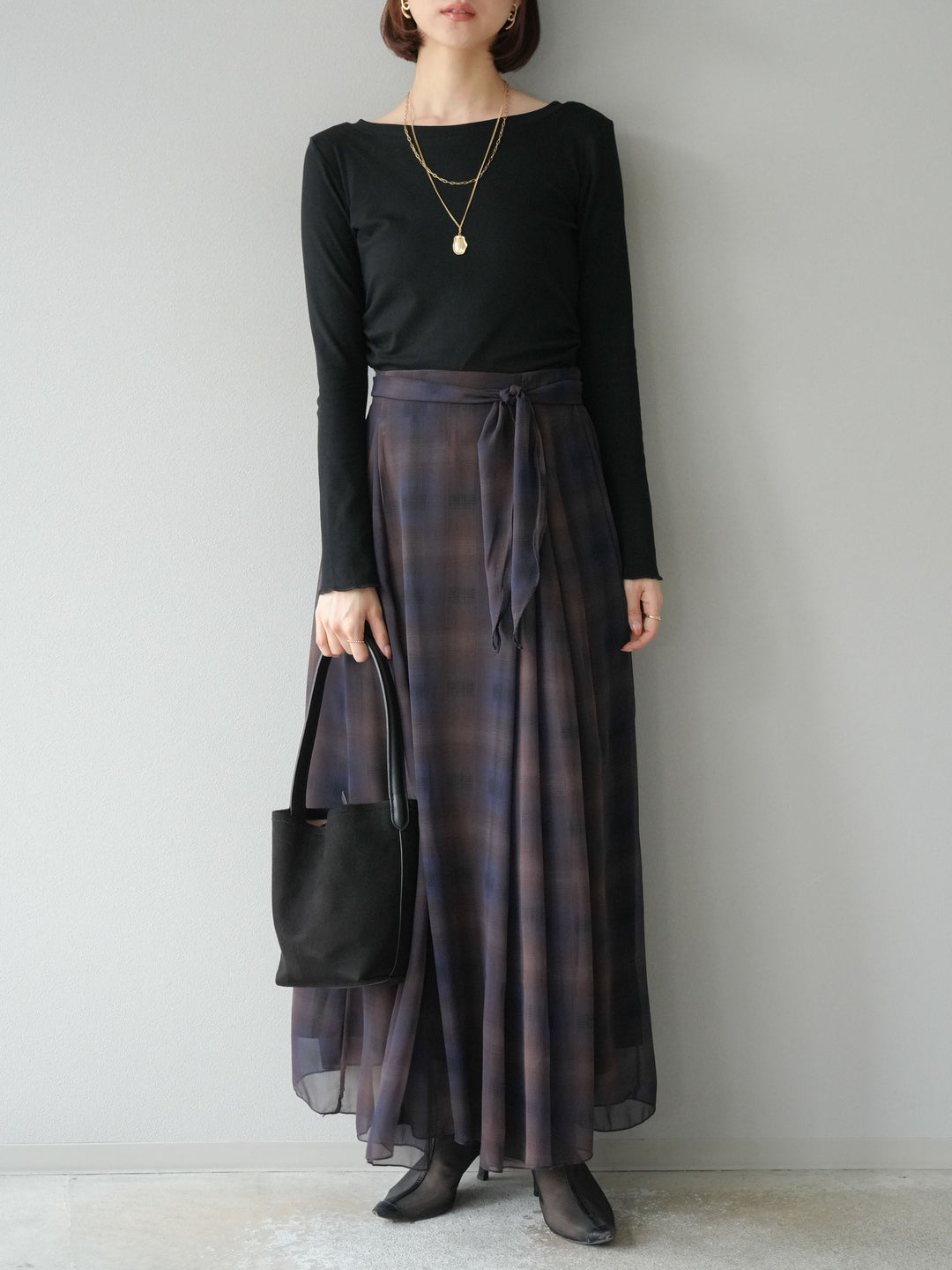 [予約]カットソー付シアーチェックフレアタックスカート/ブラック