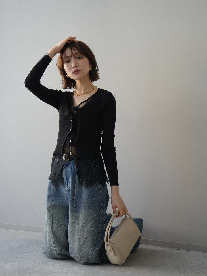 [予約]フロントリボン裾レースリブニットトップス/black