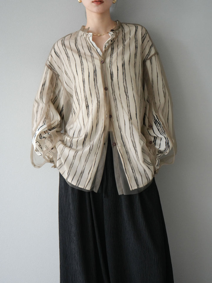 [予約]ペンタッチストライプ2WAYスリーブバンドカラーシャツ/アイボリー