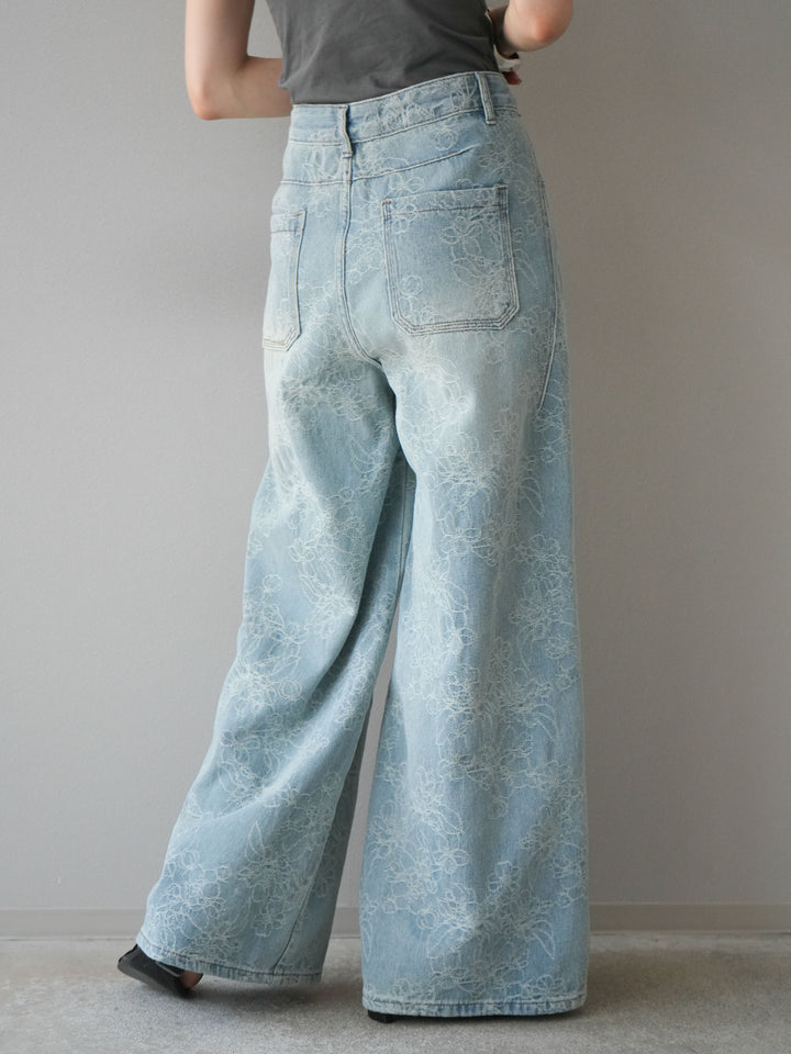 【預購】花提花牛仔寬褲/藍