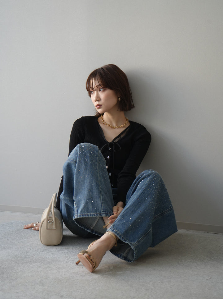 [予約]フロントリボン裾レースリブニットトップス/black