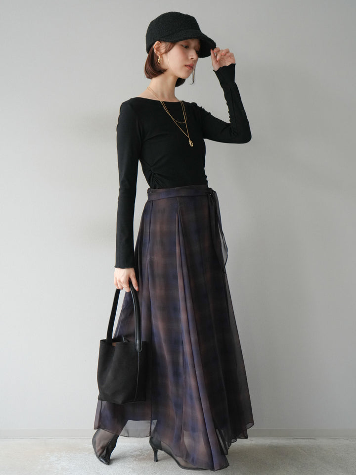 [予約]カットソー付シアーチェックフレアタックスカート/ブラック